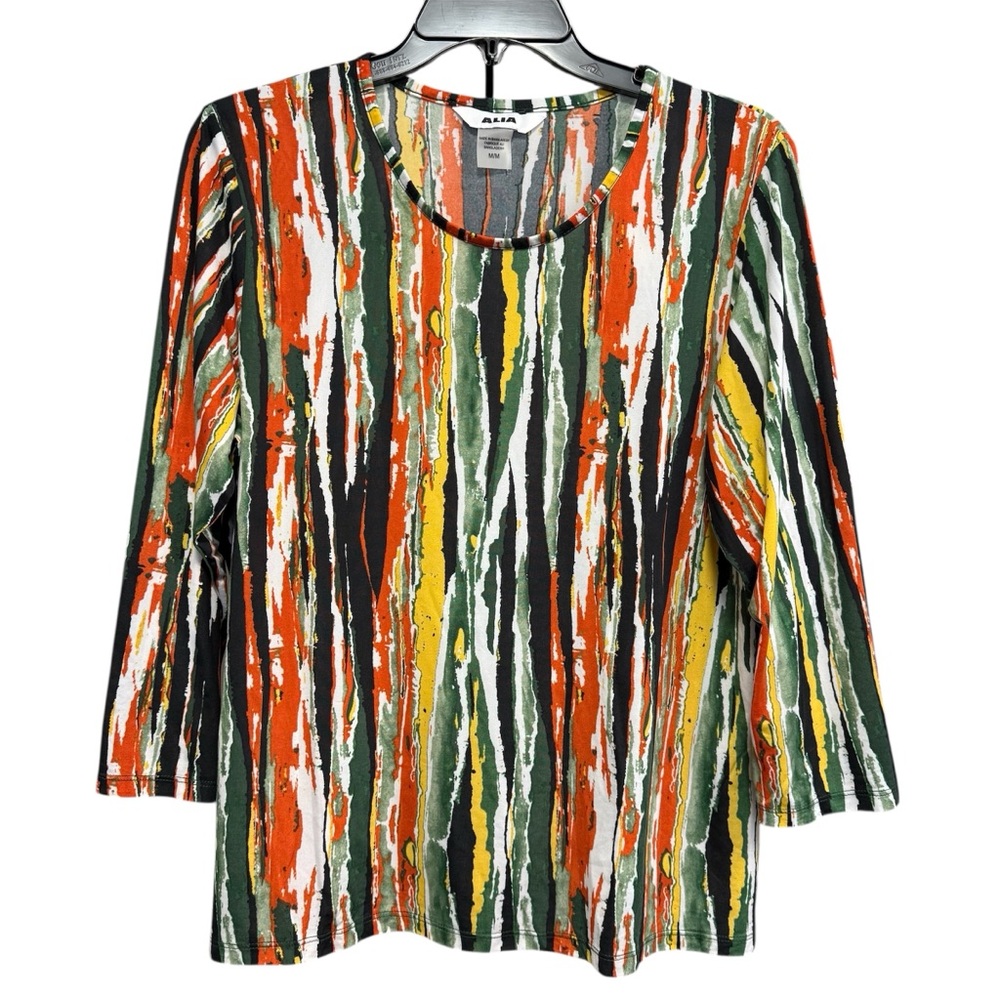 Alia Women’s Abstract Striped Top – Size M – Multicolor 3/4 Sleeve